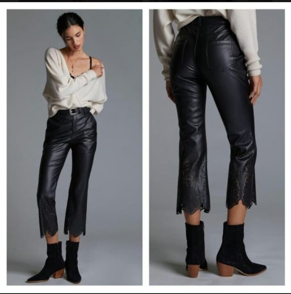 Anthropologie Laser-Cut Faux Leather High Rise Trousers Crop Pants Black Size 6
